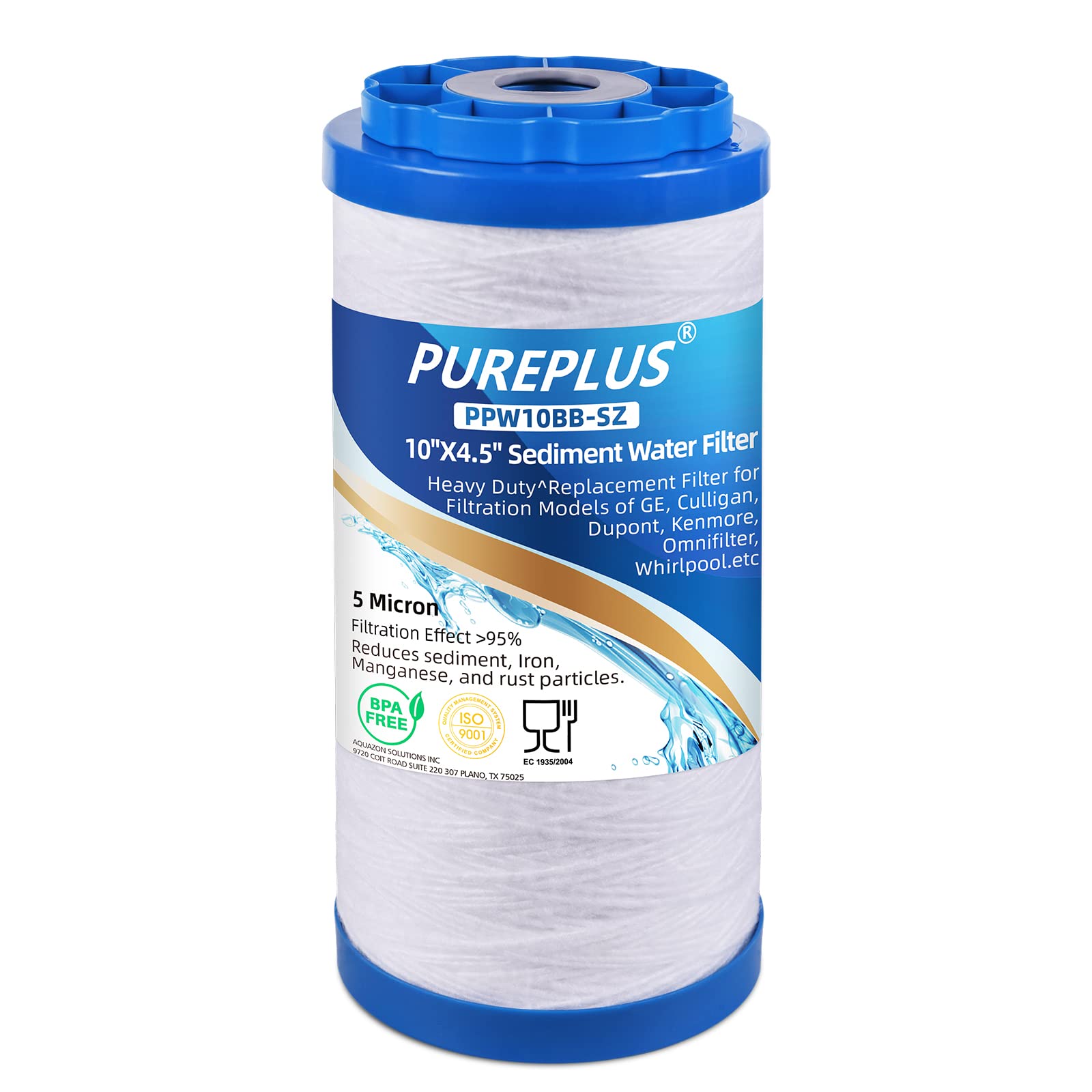 PUREPLUS 10"×4.5" String Wound Sediment Filter Compound With Iron & Manganese Reducing Filter,Compatible With Whole House Water Filtration System For Well Water, 1Pack