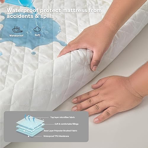 Miniatura 2 de Protector de colchón impermeable tamaño individual, funda de colchón de algodón de alta calidad de 3.53 ozm con 2 fundas, transpirable, elástico