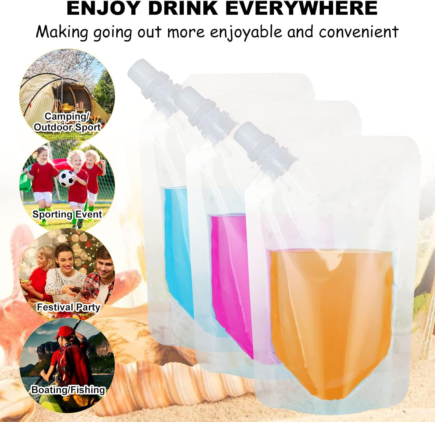 100PCS Drink Pouches and 5 PCS Funnel, 250ml/8.8oz Plastic Festival Drink Pouches Bags, Reusable Clear Drink Pouches with Spout for Festivals Party Picnic Travel Camping