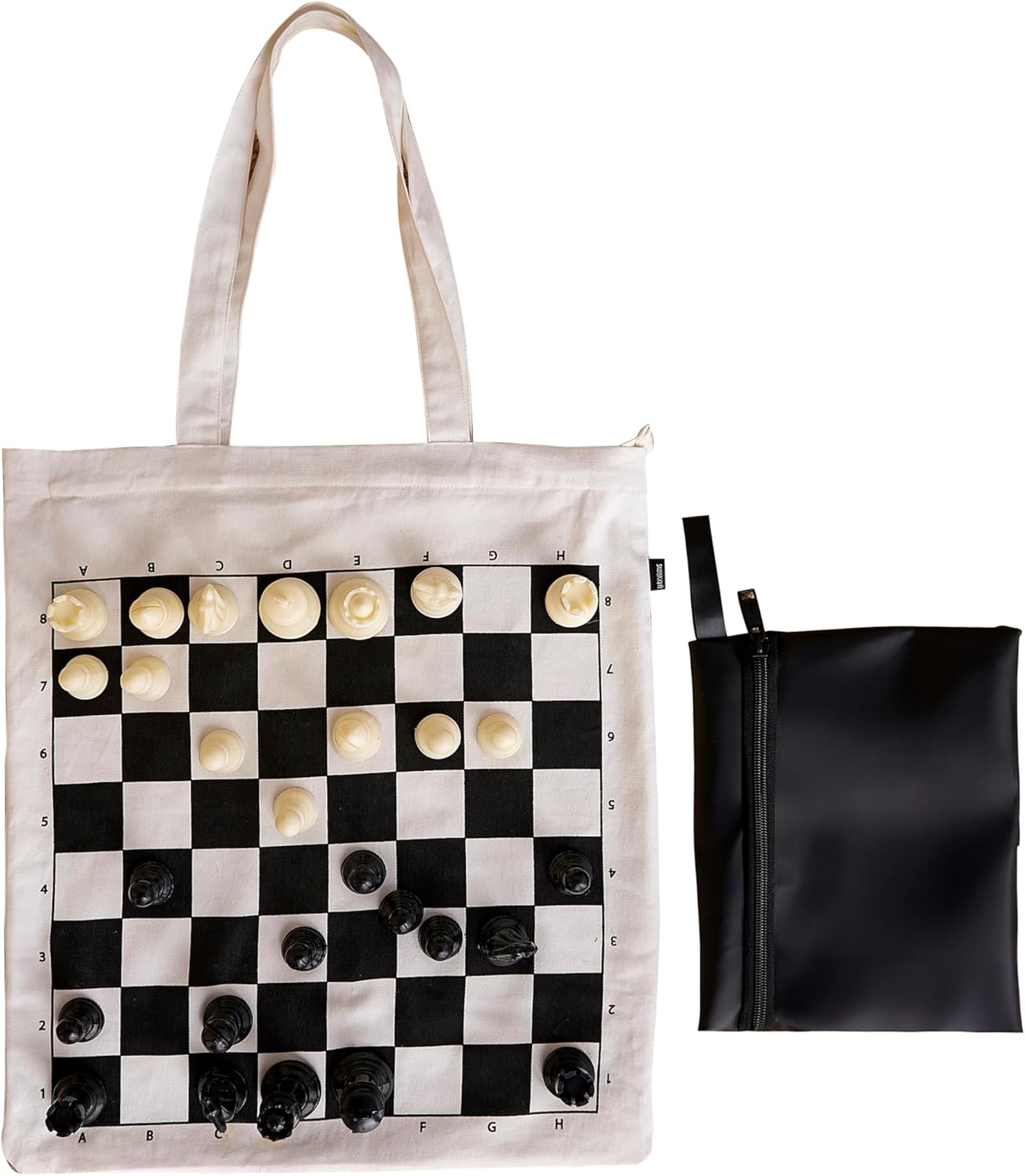 Stonkraft Roll-up Chess Board – Dual Purpose Portable Chess Mat & Cotton Tote Bag with Chess Board Print to Play Chess Anywhere | Easy to Carry & Compact (with Pieces)