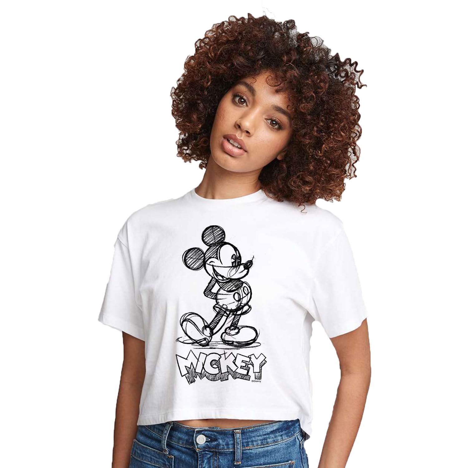 Disney Mickey & Friends - Mickey Sketch - Juniors Cropped Cotton Blend T-Shirt