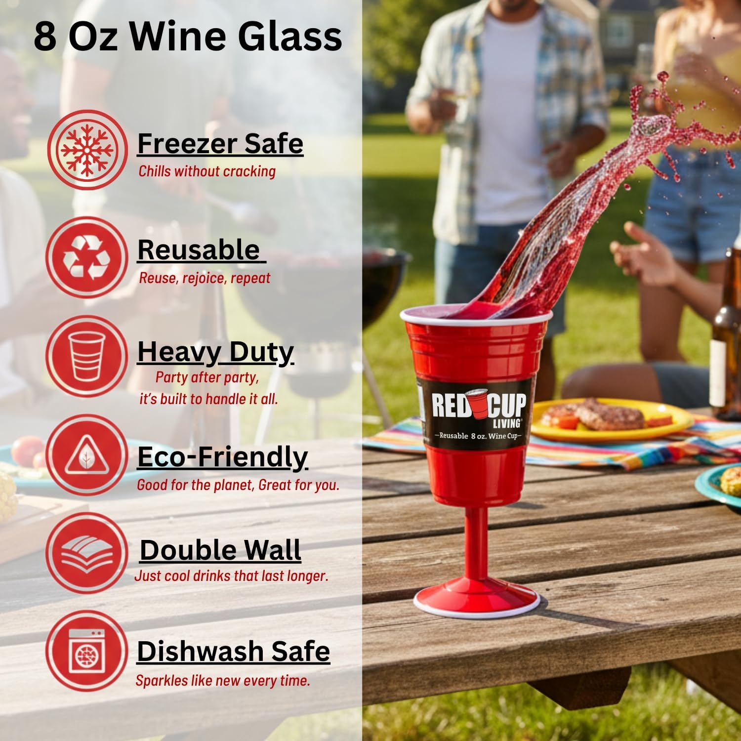 Reusable Red Plastic Wine Glasses with Stem, 8oz, Unique Heavy-Duty Drinking Glasses for Parties, Durable Champagne Flutes, Cute Sturdy Wine Cups Stem Glass for Wine, Elegantes Copas De Vino set of 4