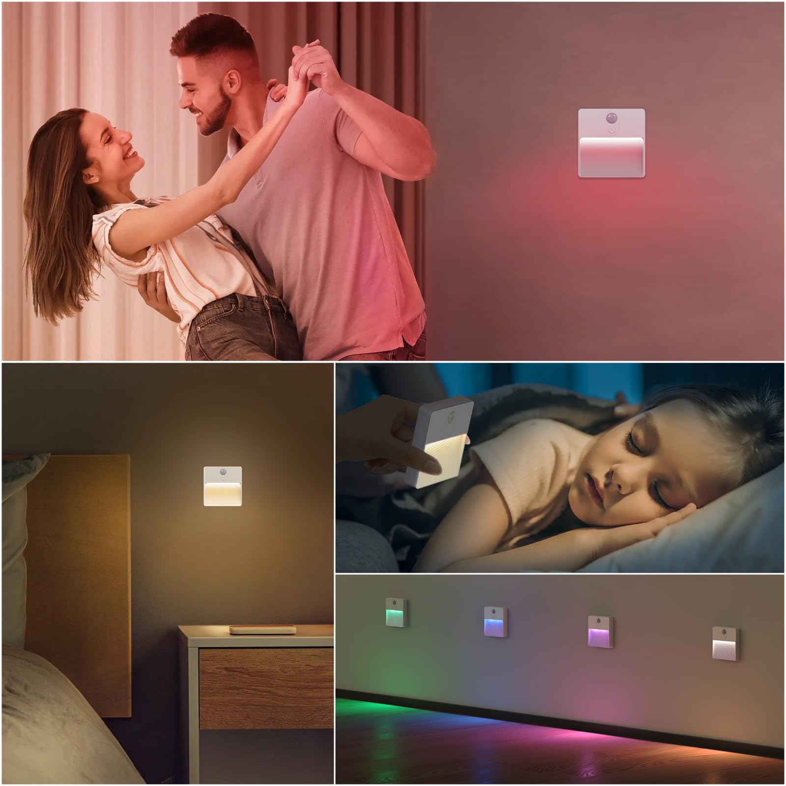 AGOTD Lampka nocna z czujnikiem ruchu, oświetlenie schodów LED, ciepła biel, zmiana koloru RGB, z baterią, automatyczne włączanie/wyłączanie, do pokoju dziecięcego, 2 sztuki