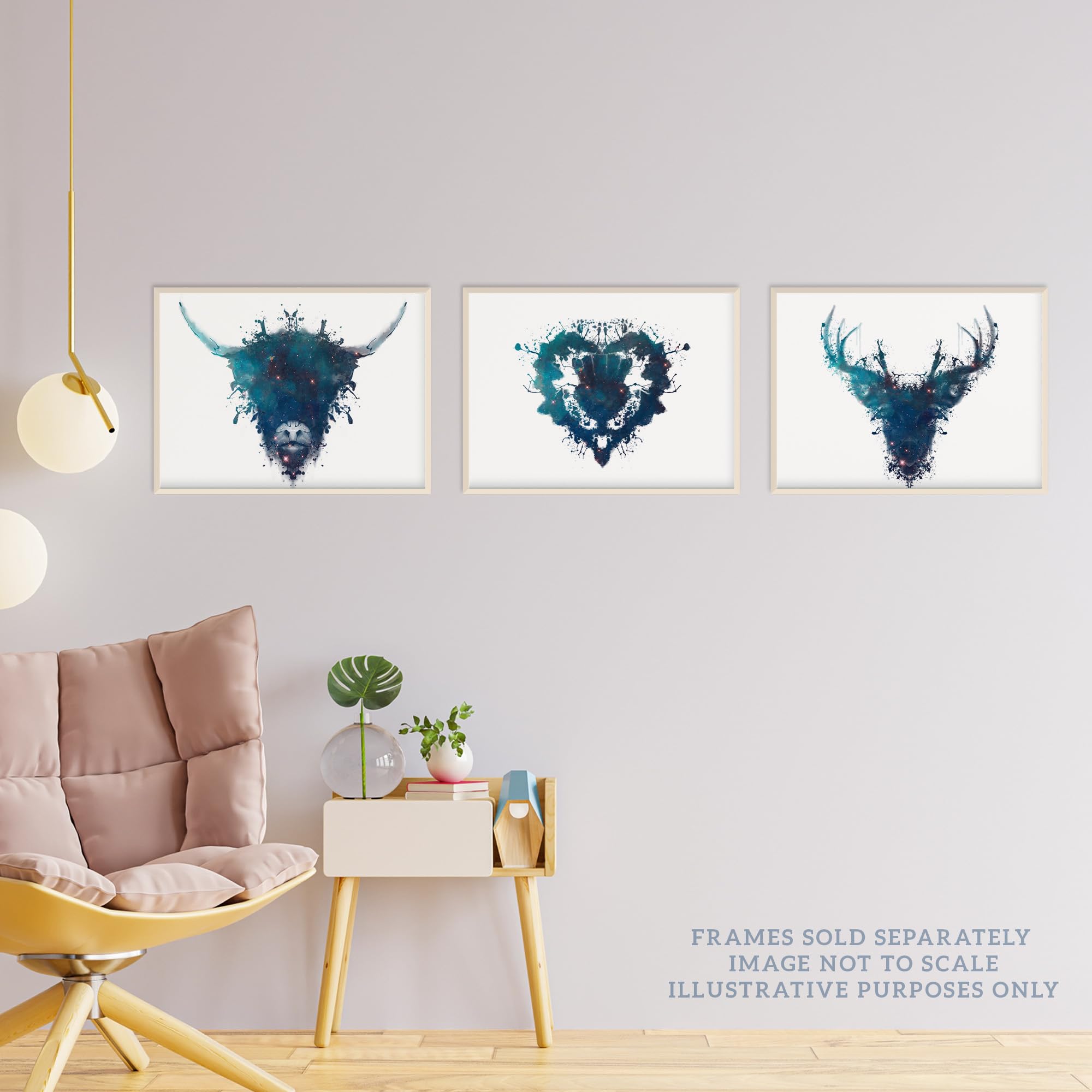 Wee Blue Coo Pack of 3 A4 Ink Splat Thistle Heart Flower Hairy Coo Cow and Stag Celestial Space Scottish Painting Unframed Wall Art Living Room Prints Set - Image 3