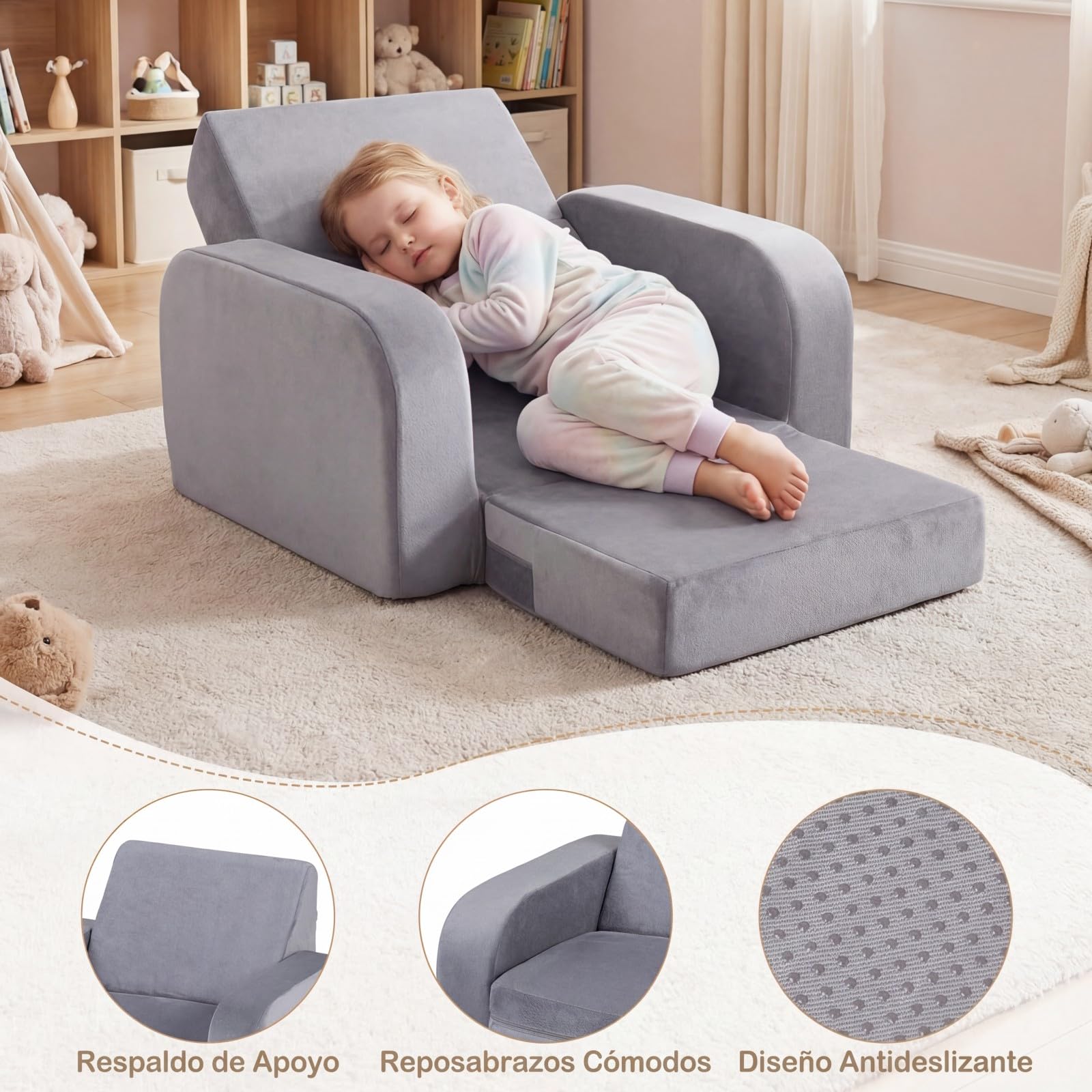 COSTWAY 3 en 1 Sofá Plegable para Niños, Sofá Cama Convertible con Terciopelo Cristal Ultra Suave y Funda Elástica, Desmontable y Lavable a Máquina, Sillón para Niños para Sala de Juegos y Guardería