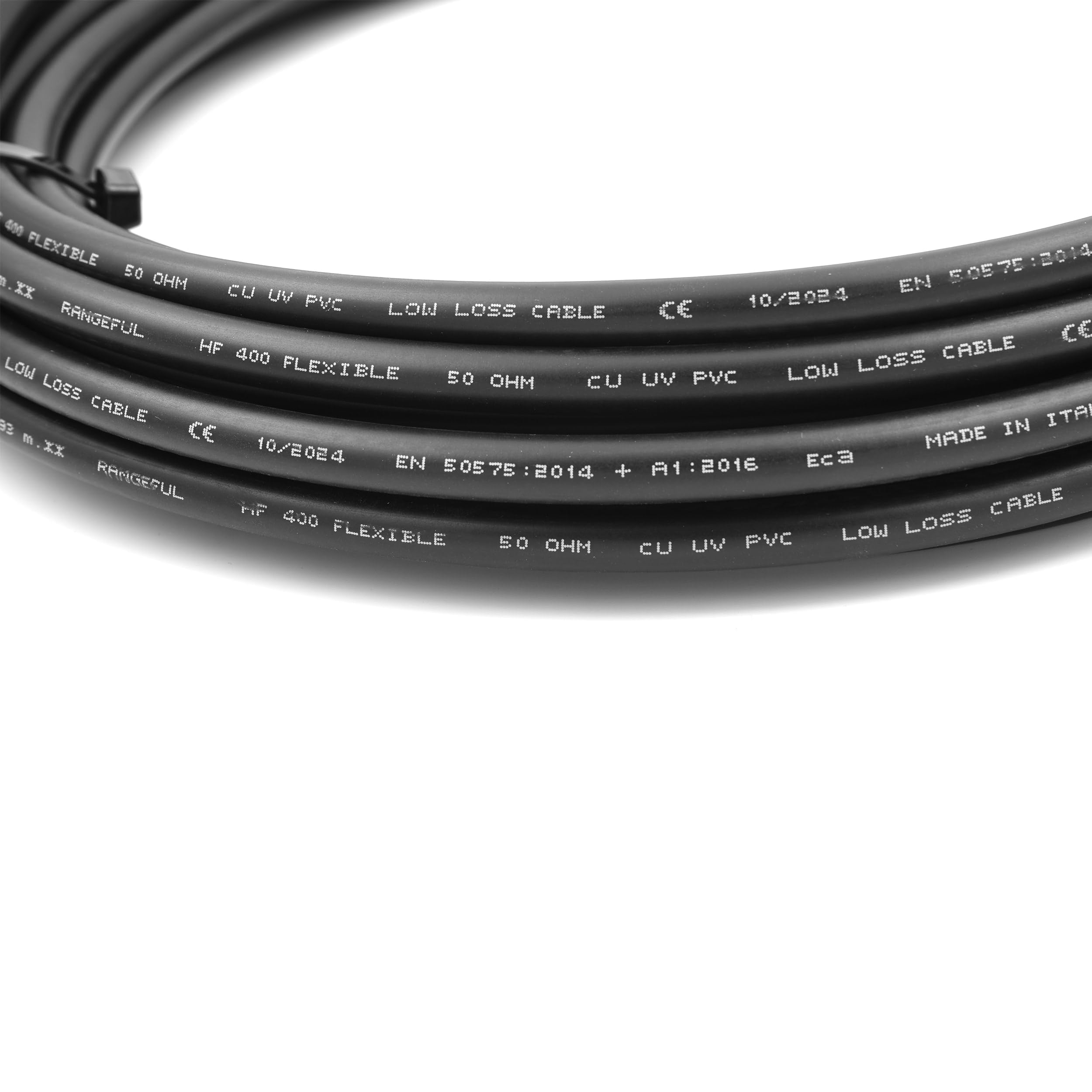RANGEFUL HF400 (LMR400 equivalente) Cable coaxial 20 Metros — 50 ohmios RF coaxial de extensión — Compatible con N SMA BNC TNC UHF PL259 — para WiFi Router Móvil CB Radio Modem — Fabricado en Italia