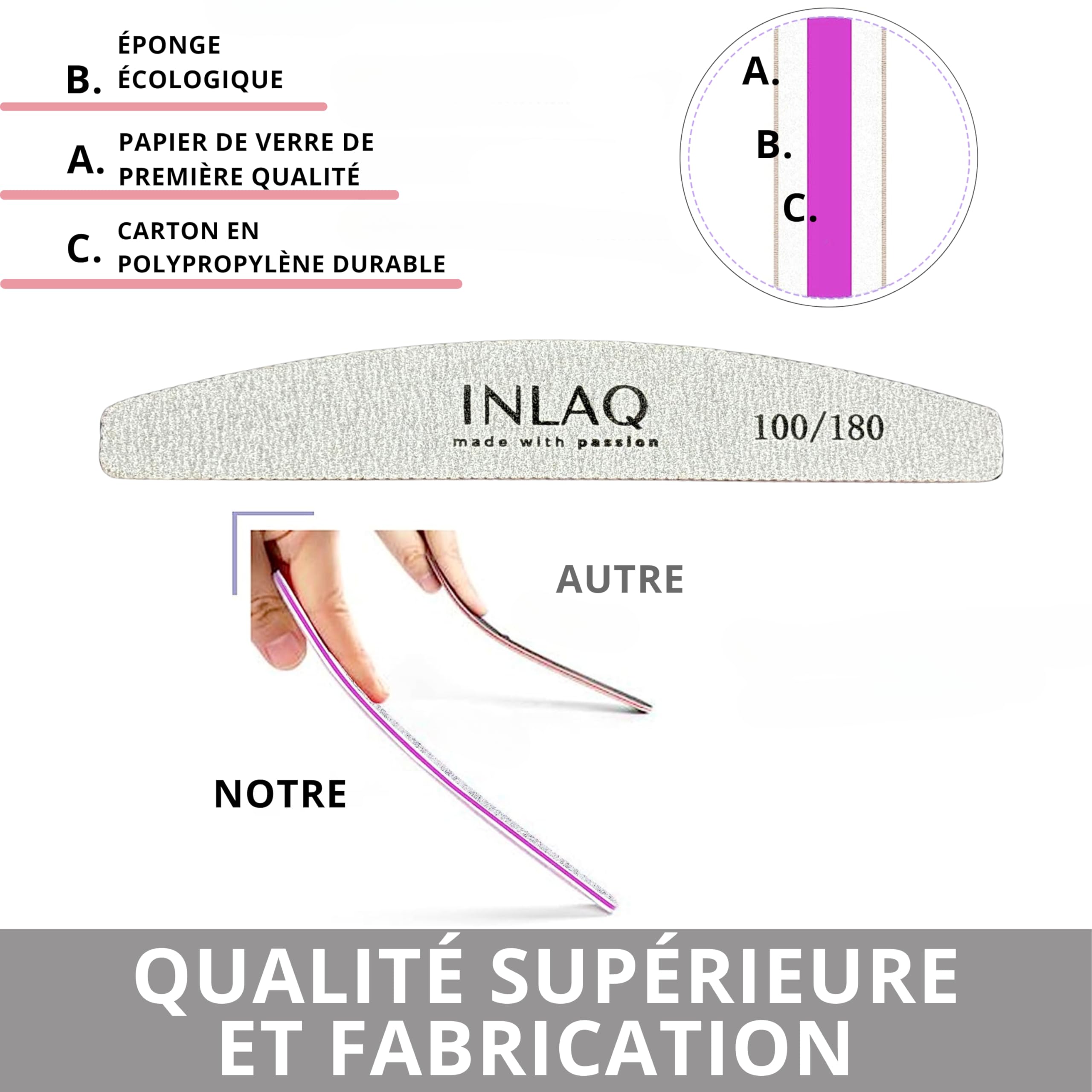 INLAQ® Lime à Ongles 100/180 - Professionnelle en demi-lune Durable Résistante à l'abrasion - Set de Limes à Ongles Jetable - Idéal pour Manucure en Salon et à Domicile Résultats Parfaits - 25 pièces