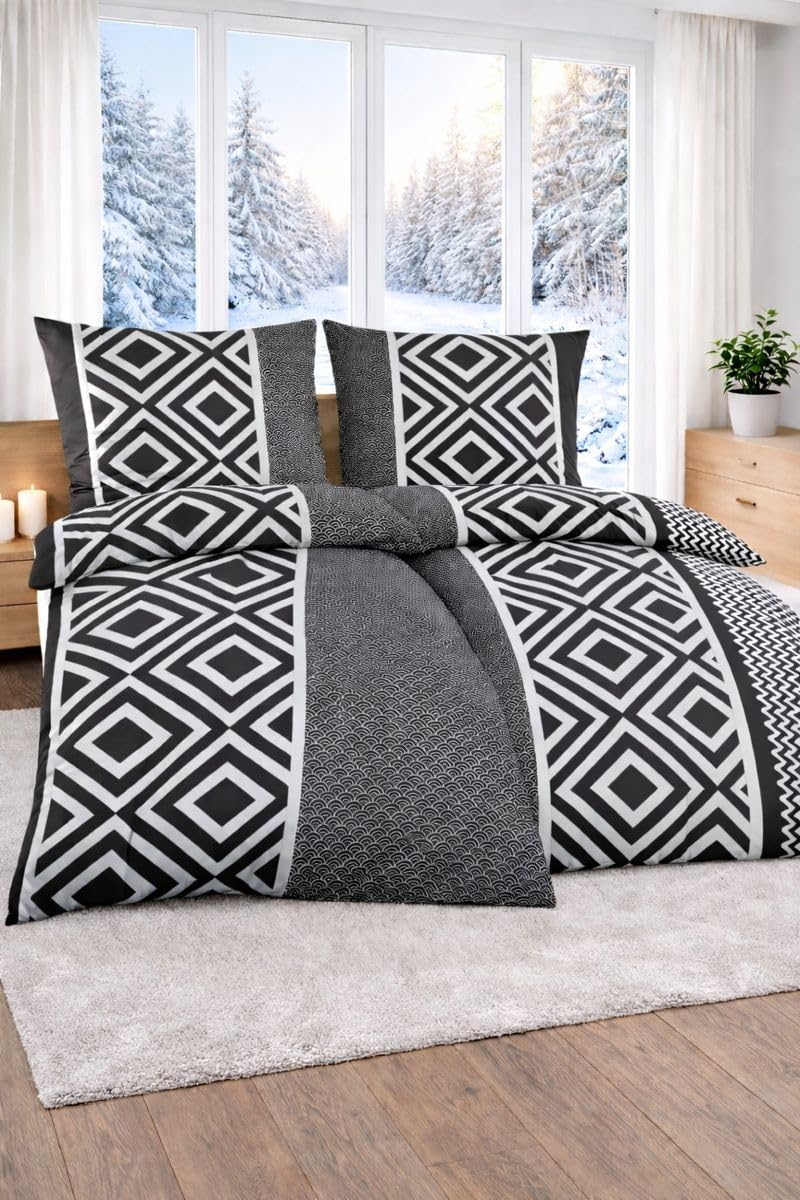 MALIKA Biber Bettwäsche 4-teilig 135x200 cm - 100% Baumwolle Feinbiber, kuschelig warm & weich angeraut - Winter Bettwäsche Set mit 2 Kissenbezügen 80x80, Größe:2X 135x200 + 2X 80x80 cm