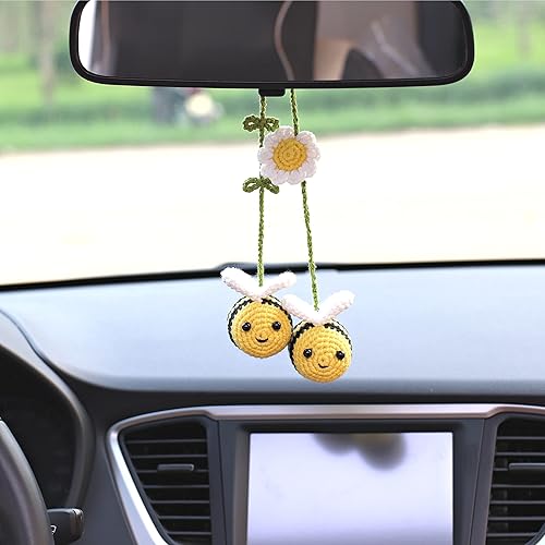 Miniatura 5 de Bunny Crochet Bee - Soporte para espejo retrovisor para automóvil, bonito adorno colgante de coche de abejorro, un regalo para los amantes de las