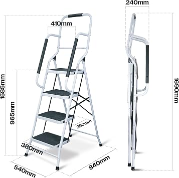 Aidapt 4 Stepladder with Dual Handrails, Folding, Space Saver, Extra Wide Rubber Treads, Non-Slip Rubber Feet, Durable Steel, for Home DIY, Gardening, Workplace, Kitchen Step Stool,