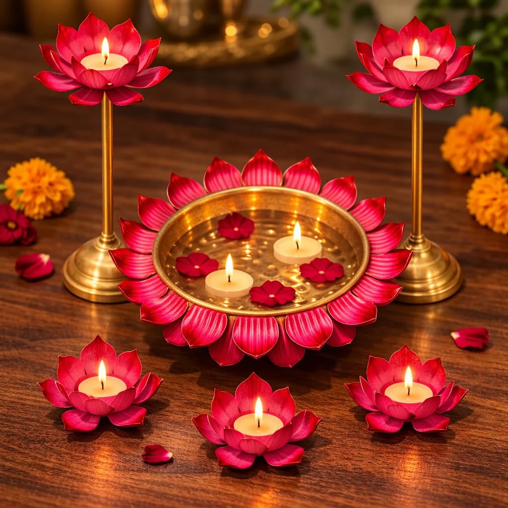 Metal Lotus Urli Bowl Set of 6 | 12 Inch Urli + 2X 12 Inch Lotus Stands + 3X 4 Inch Tealight Holders | Pink Gold Decor for Diwali, Navratri, Eid, Pongal, Weddings, Dhanteras-picture-17
