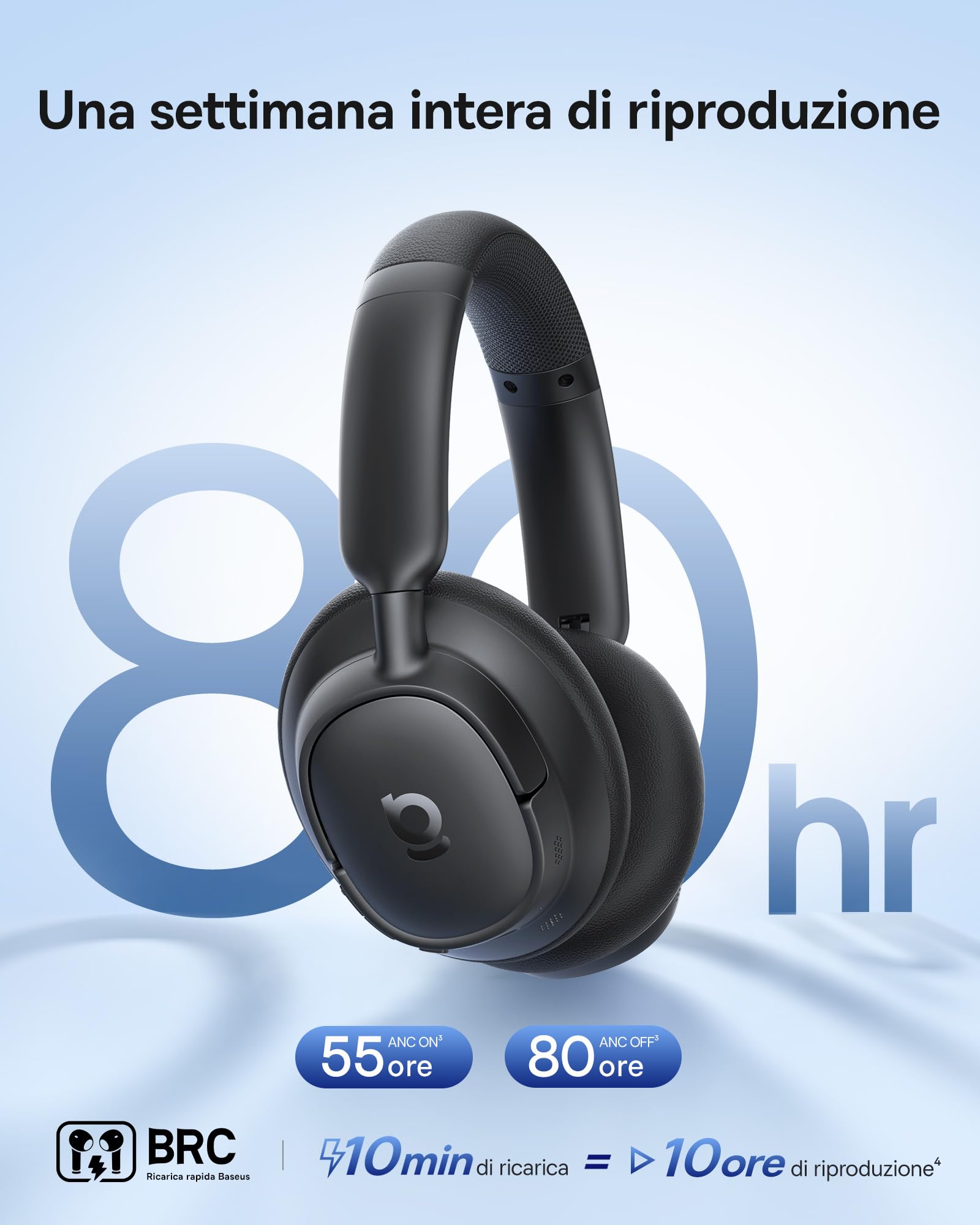 Baseus EH10 NC Cuffie Bluetooth con Cancellazione del Rumore Ibrida Attiva -45 dB, Cuffie Over-Ear Hi-Res & Audio LDAC con 5 Microfoni AI, 80 h di Autonomia, Bluetooth 6.0, Connessione Multipunto