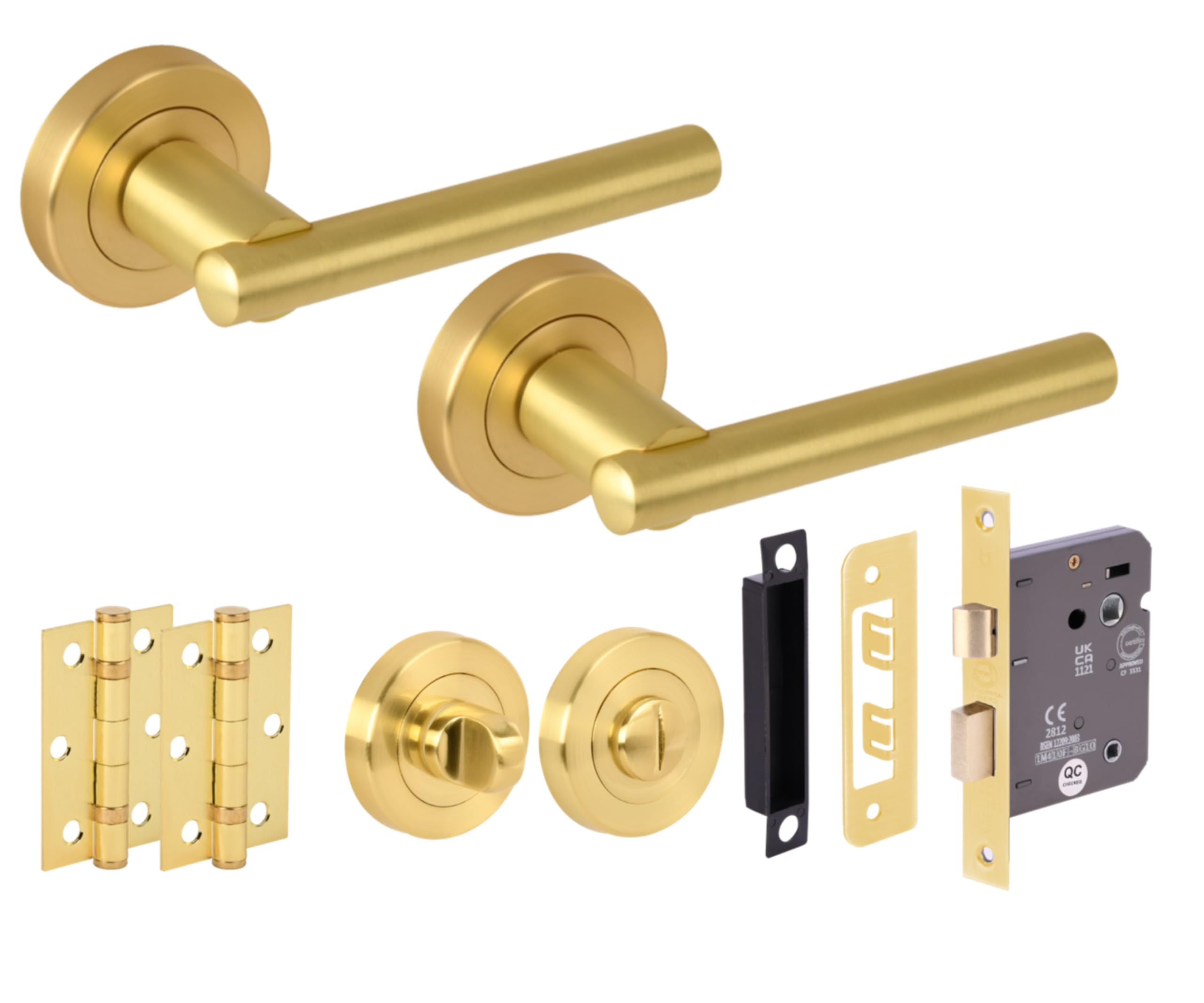 Hunta HANDLEZONE® Solus Door Handles on Rose Bathroom Lock Pack with Ball Bearing Hinges - Brushed Brass