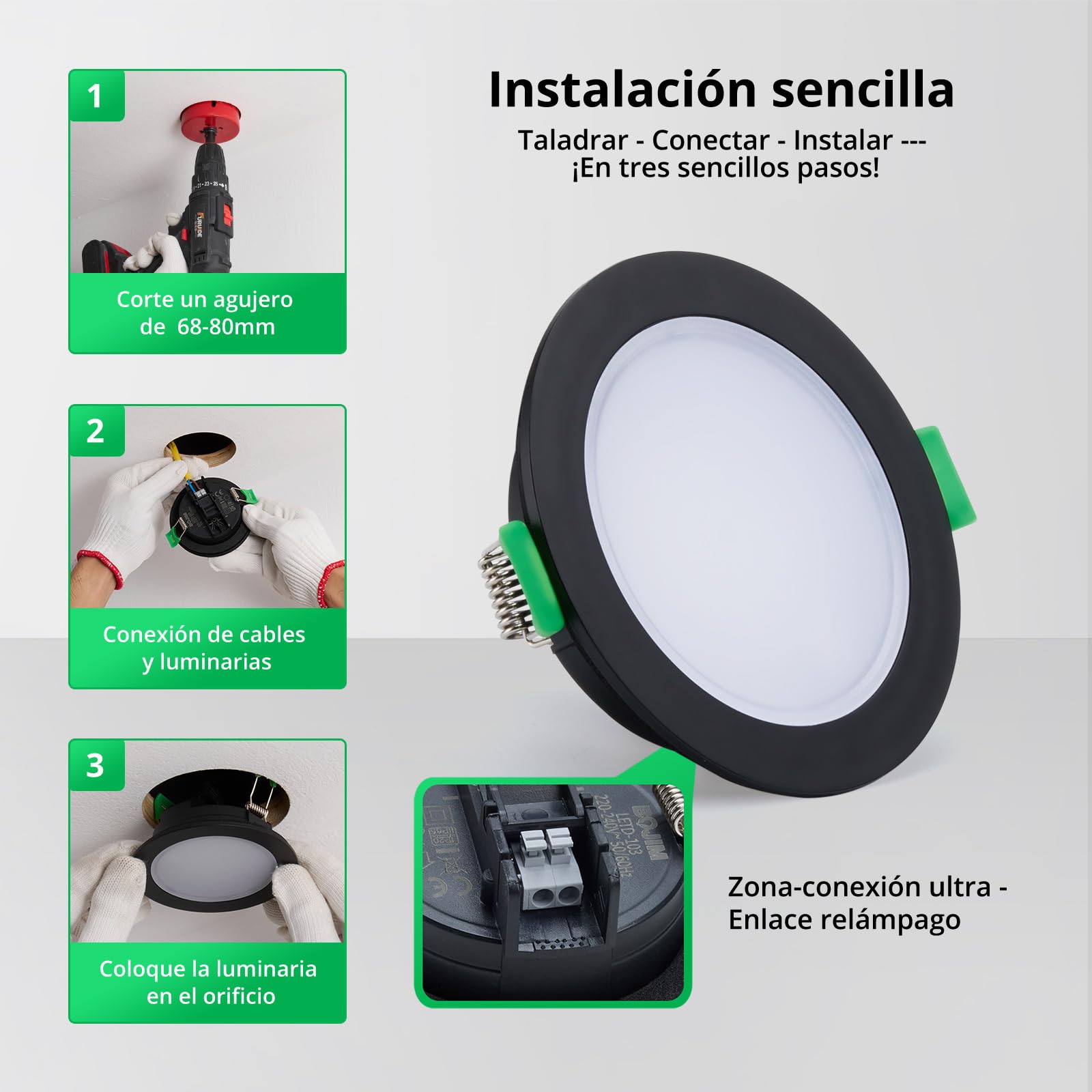 Bojim Downlight LED Techo Empotrable Negro IP65, 68mm - 80mm | Blanco Natural 4000K 230V 5W Ultrafino 35mm, Ojos de Buey LED Para Cocina Baño Habitación, 10 Pack