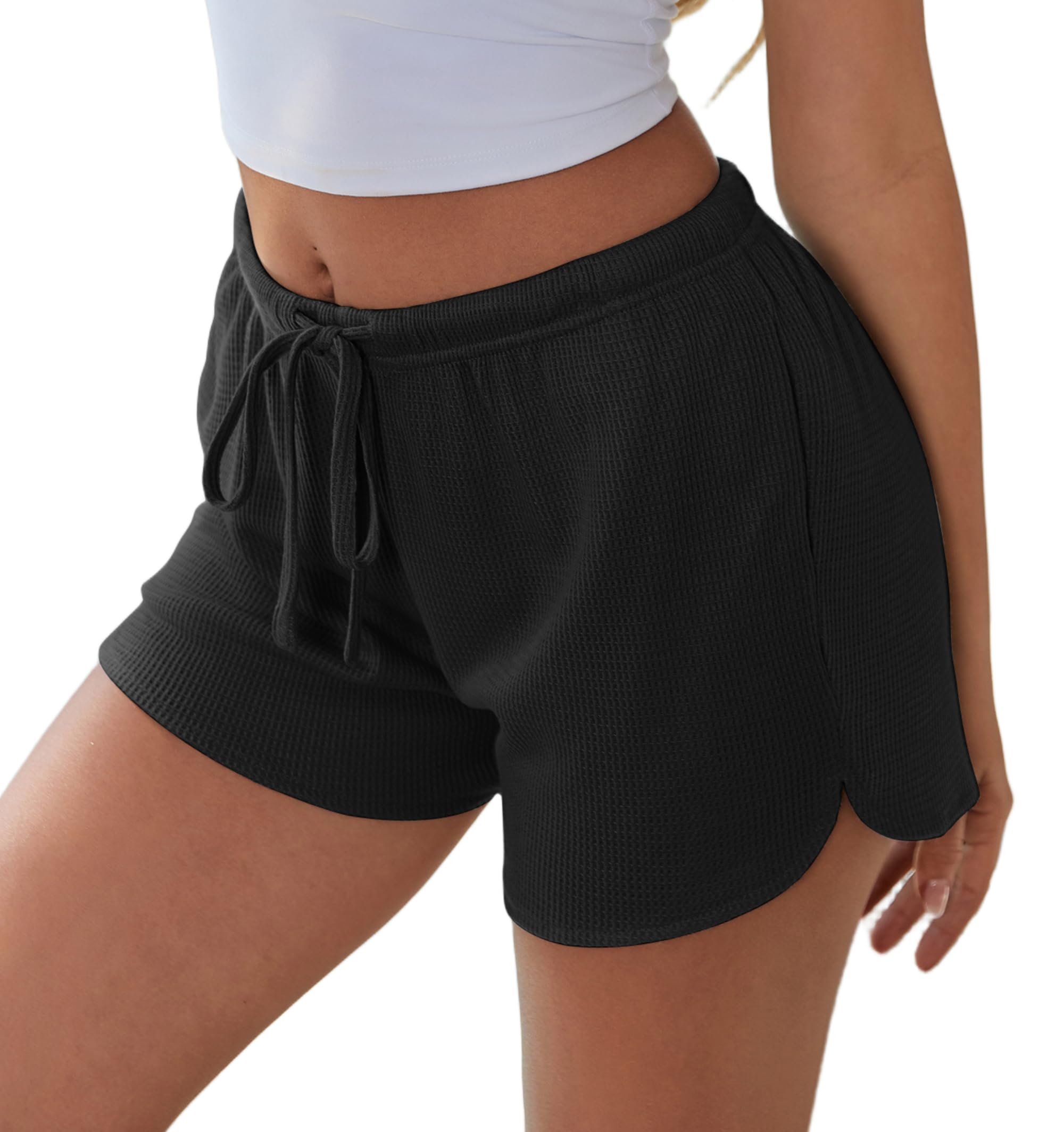 Ekouaer Womens Waffle Knit Pajama Shorts Soft Drawstring Lounge Bottom Casual Workout Shorts with Pockets Black L