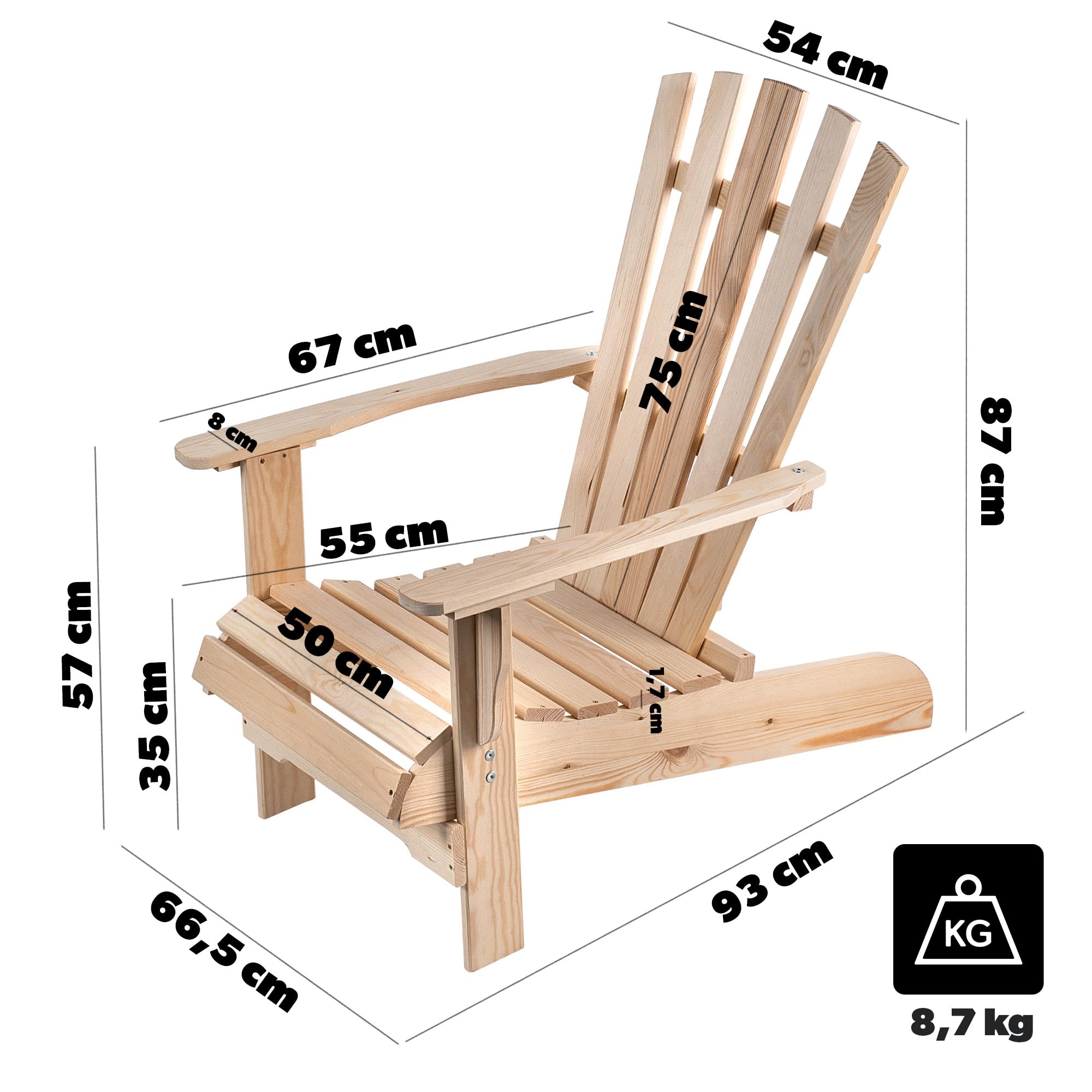 KADAX Silla de Jardín Adirondack de Madera, con Respaldo Alto y Reposabrazos, Silla de Relajación, para Exterior (Madera Natural)