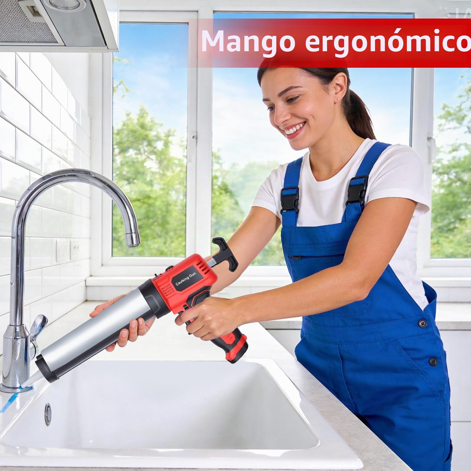 Pistola Silicona Bateria 300ml, Pistola Silicona Eléctrica Inalámbrica a Pilas Ligera de 0.9kg con Luz LED y Mango Ergonómico para Sellar Ventanas Puertas y Juntas para Pilas AA