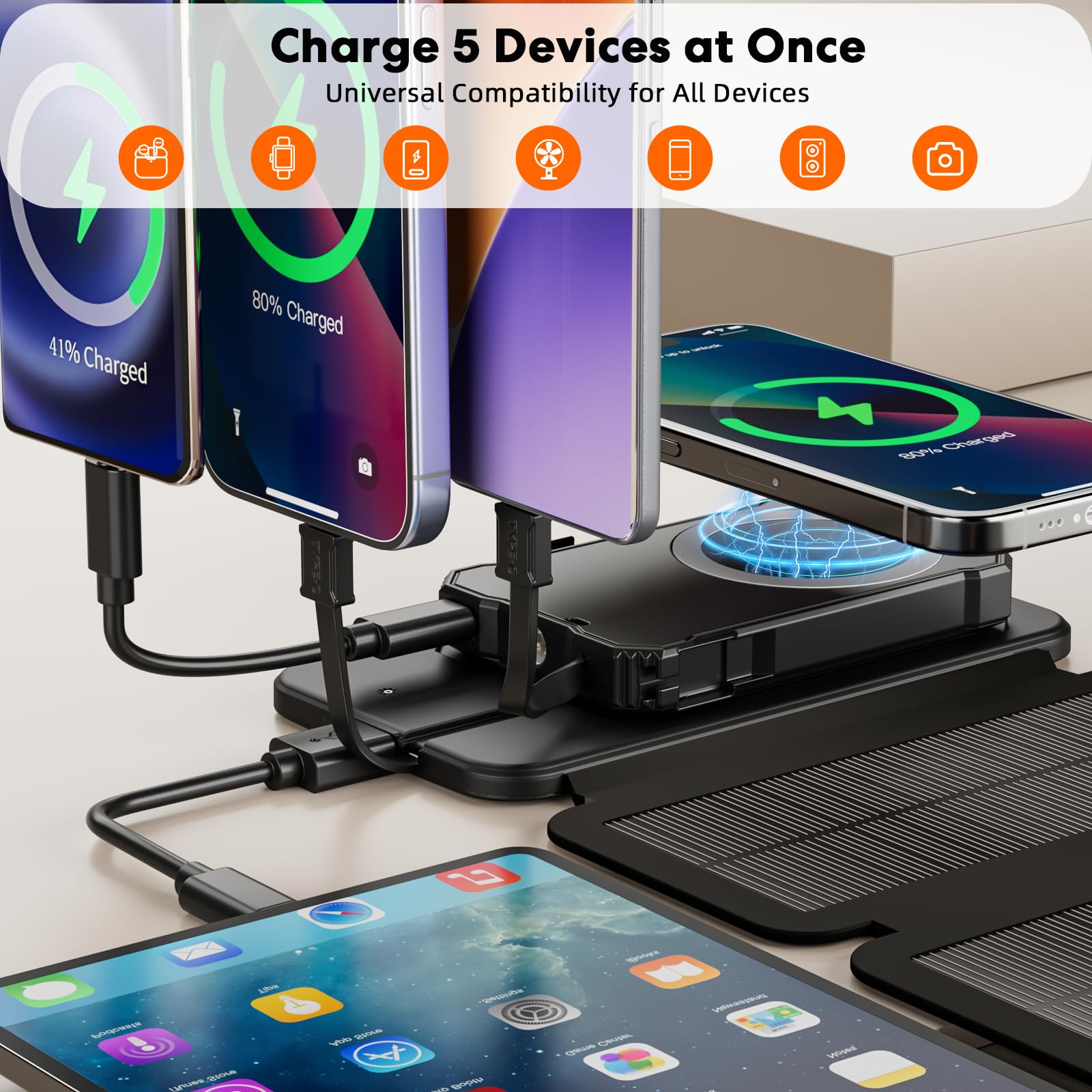 YELOMIN Caricatore solare Power Bank 5000 mAh con 4 pannelli pieghevoli e 2 cavi integrati, caricabatterie portatile wireless, batteria esterna esterna con USB-C/uscita e torcia SOS per campeggio