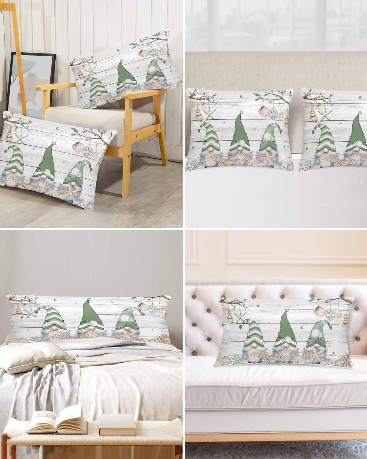 Ocean Gnome King Pillow Cases, Shell Starfish Wood Plank Satin Pillow Case Cover with Smooth Hidden Zipper Closure, Soft Throw Pillow Covers Cases for Couch Sofa Home Decoration 20 X 40 Inches