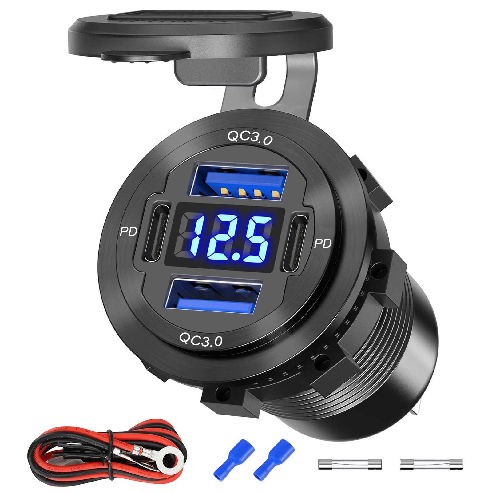 84 W 4-portowe gniazdo ładowarki samochodowej USB 12 V/24 V z podwójnym szybkim ładowaniem PD3.0 i podwójnym szybkim ładowaniem QC3.0, wodoodporne gniazdko USB C ze stopu aluminium z woltomierzem LED