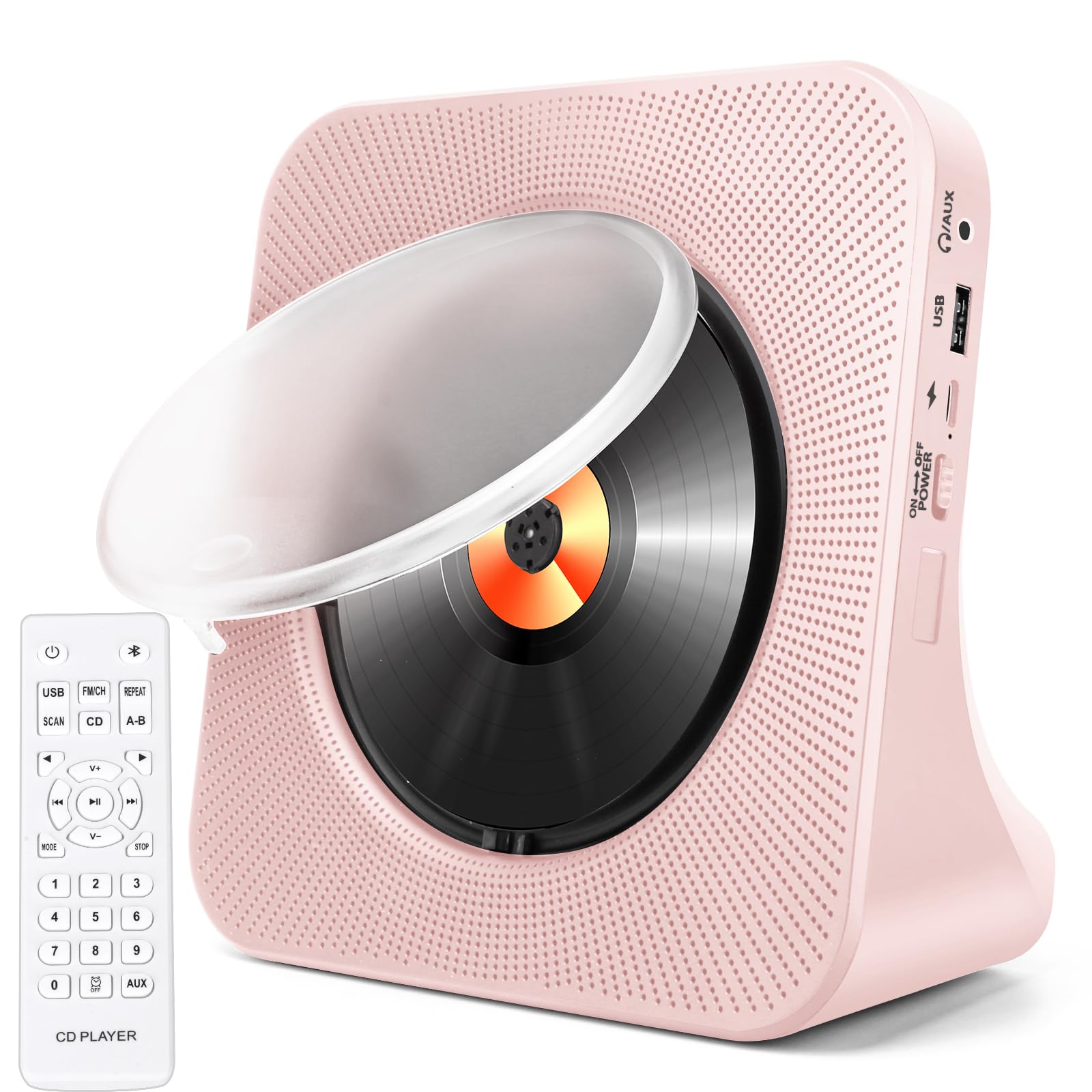 Tragbarer CD-Player mit Bluetooth, HoneTeek Desktop-Player für Heim-HiFi-Lautsprecher, CD-Musik-Fernbedienung, Timer und FM-Radio, Boombox, USB-AUX, LED-Bildschirm-Display (Rosa), (JZBA-CDBA02PK)