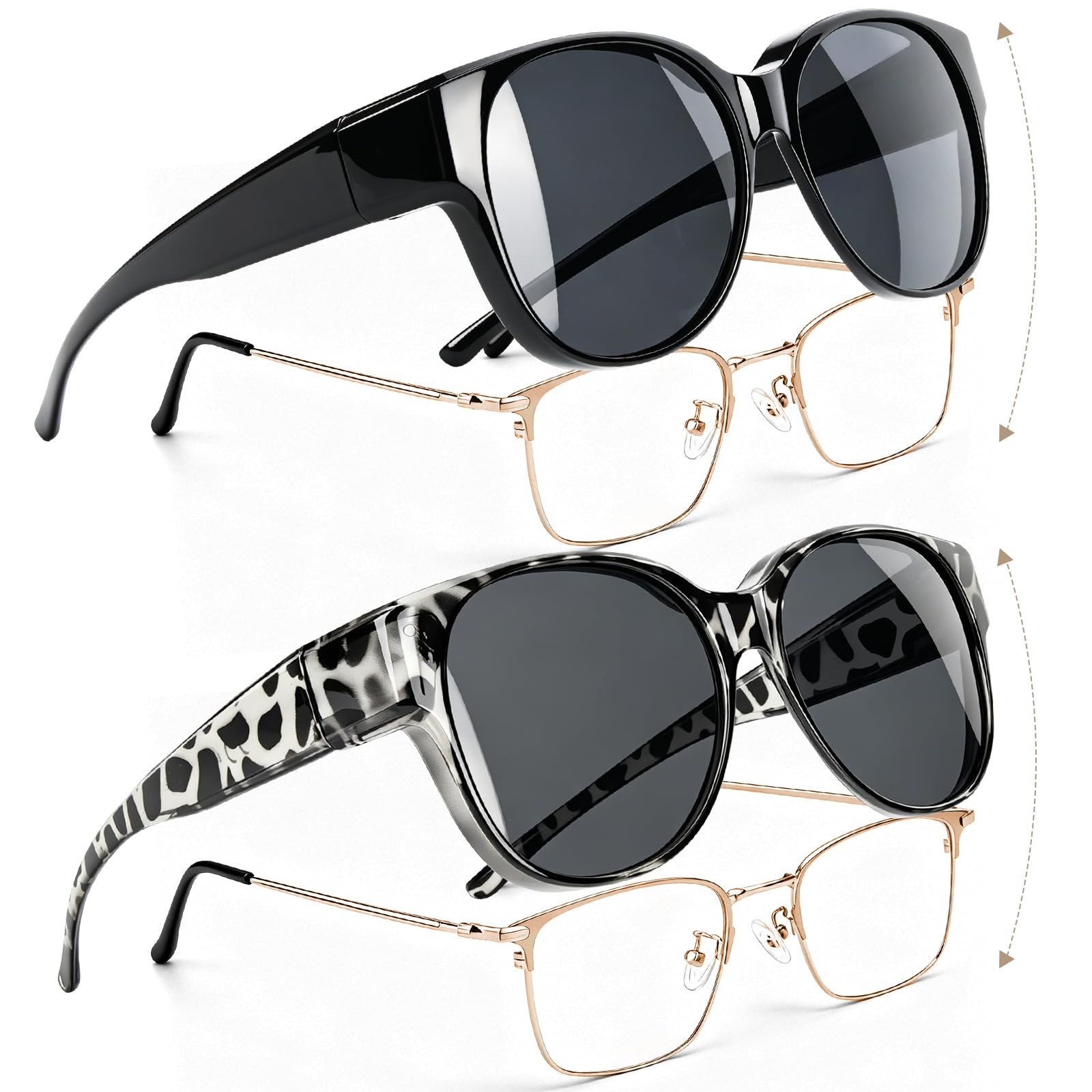 2 Stück Sonnenbrille Über Normale Brille, Polarisierte Überzieh Sonnenbrille Herren und Damen, Modische Blendfreie Sunglasses mit UV400 Schutz Ultra für Brillenträger