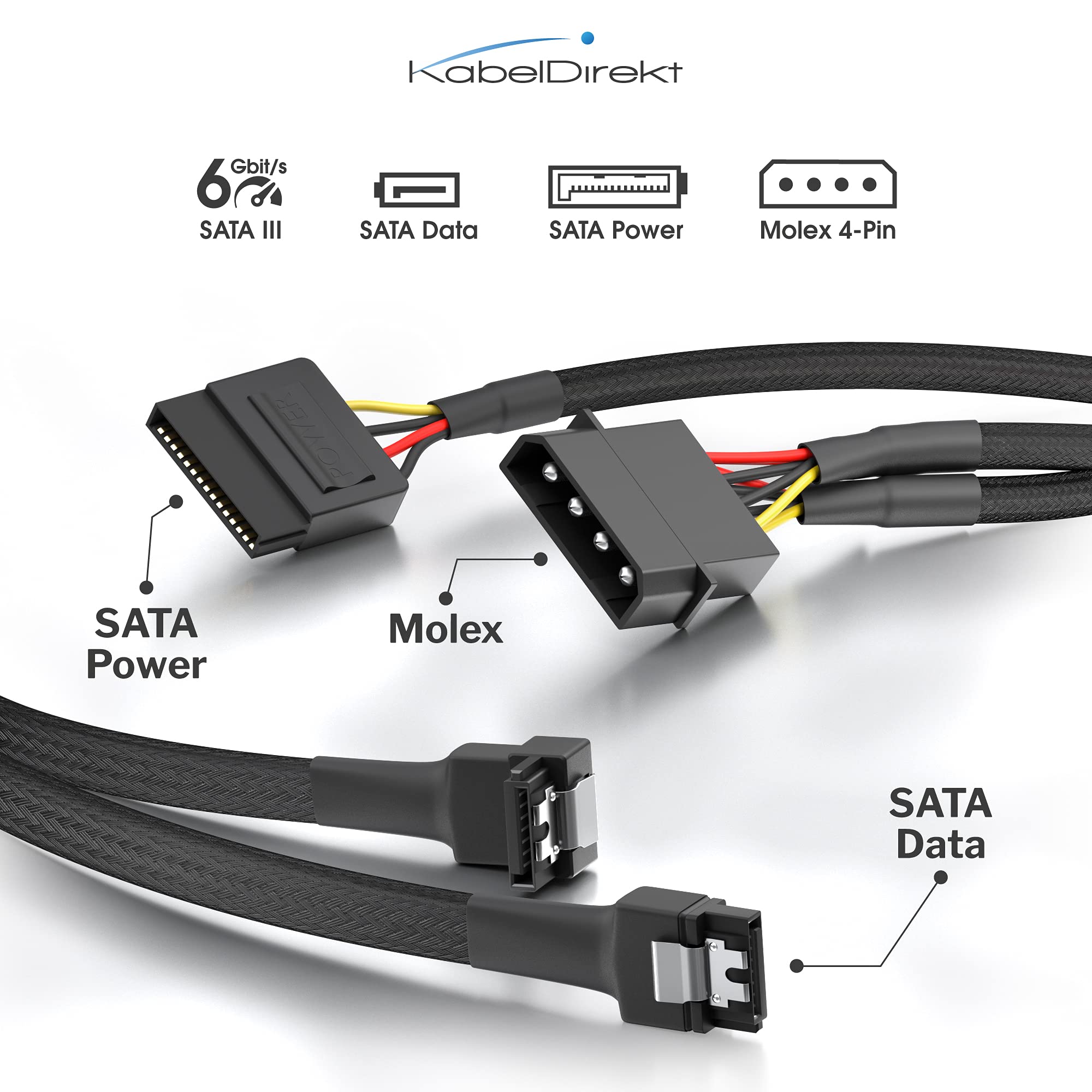 KabelDirekt – Przewód zasilający Molex 4-pinowy do 2×15-pinowego – 30cm | Przewód zasilający 4-pinowy Molex do 2×15-pinowego przewodu SATA 30cm + 7-pinowy przewód SATA 60cm do transmisji danych