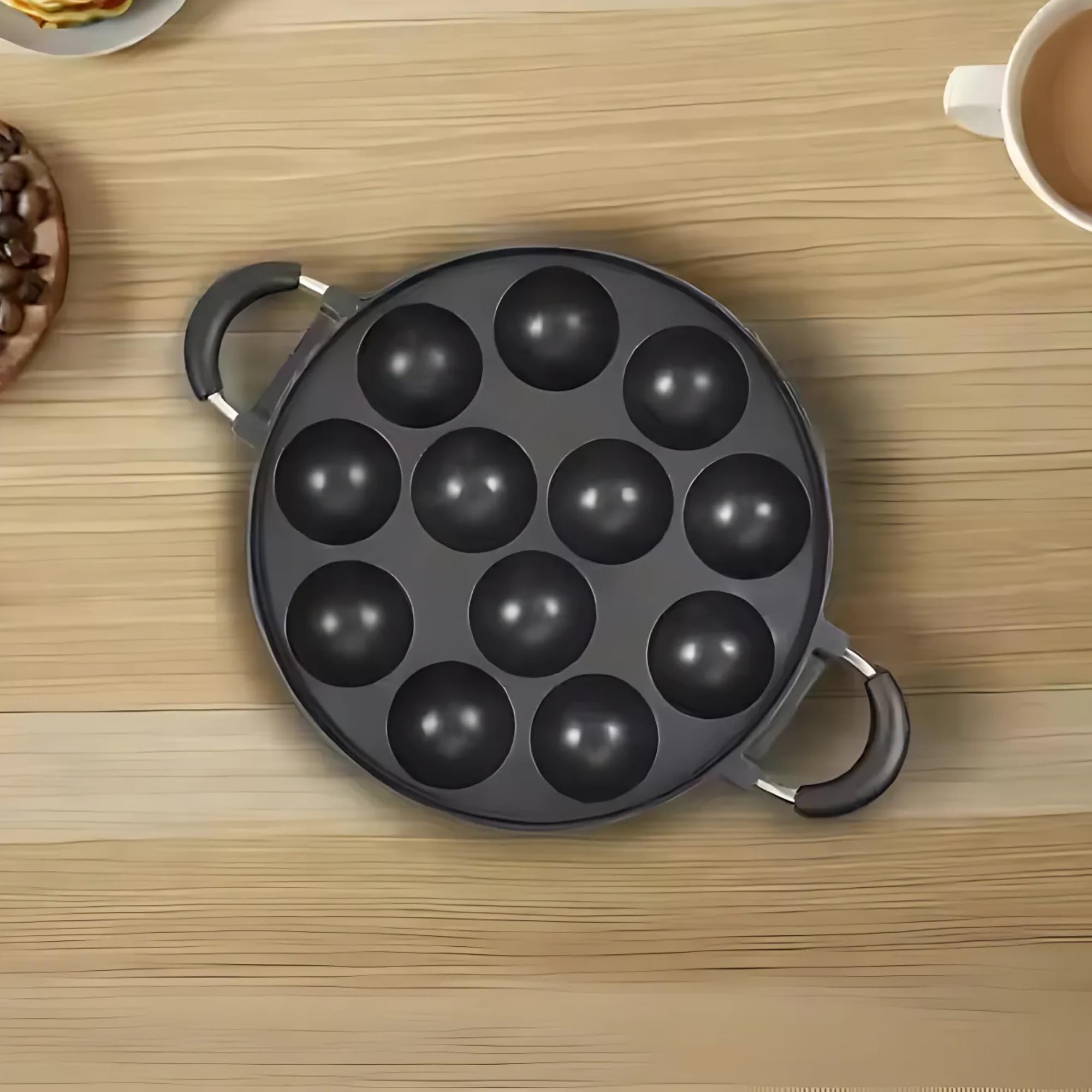 HomeEssentials Appam Pan - 12 Pit/Cup Appe Maker | Pre-Seasoned | Pan for Mini Pancakes, Litti, Potato Balls & Stuffed Snacks | Appe Paniyarakkal | Ergonomic Handle (28cm, Aluminium) (Grey)