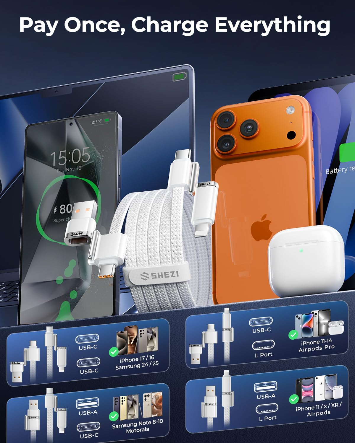 SHEZI Applstyle - Cable USB C a Lightning 4 en 1 de 5 pies, carga rápida de 240 W, transferencia de datos de sincronización de 15 segundos, soporte para CarPlay y Android Auto, USB A a tipo C, combo