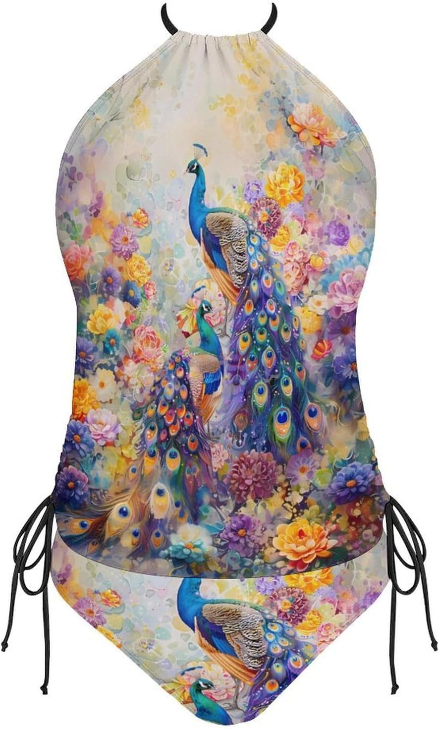 Watercolor Peacocks and Florals Women's Tankini Swimsuit Two Piece Tummy Control Bathing Suits Tie String Swimwear
