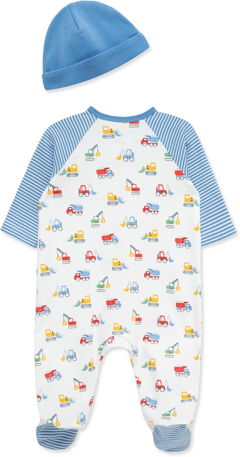 Little Me Baby Boy Clothes 2-Piece Baby Sleeper and Cap Set, 100% Cotton Footies Baby Essentials, Preemie to 9 months - Image 2