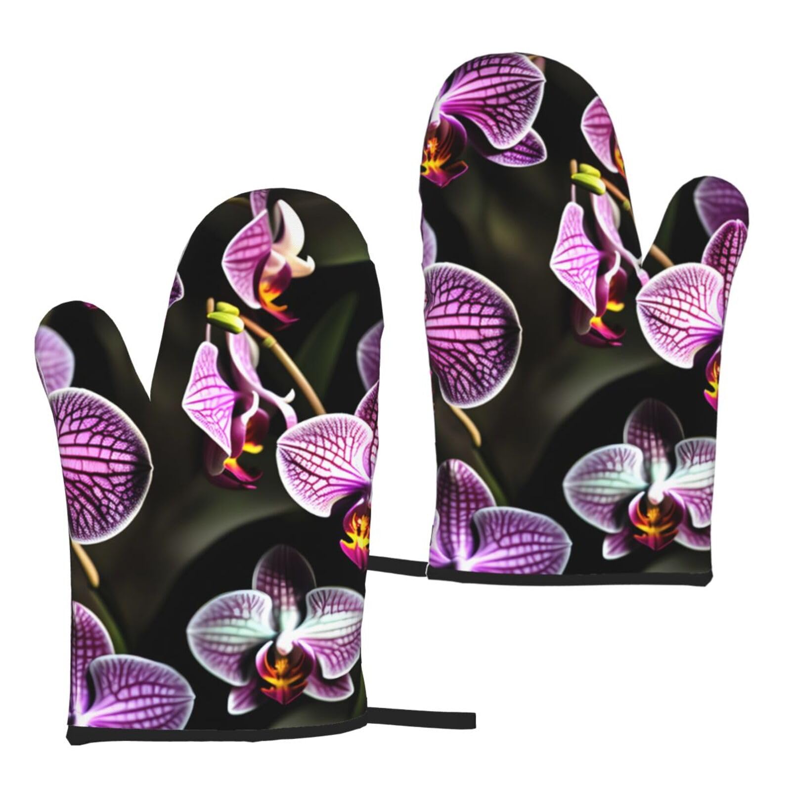 Nimongt Women's Black Purple Orchids Print Print Adults Universal Fit Heat Resistant Oven Gloves Reusable Cooking Outdoor Grilling