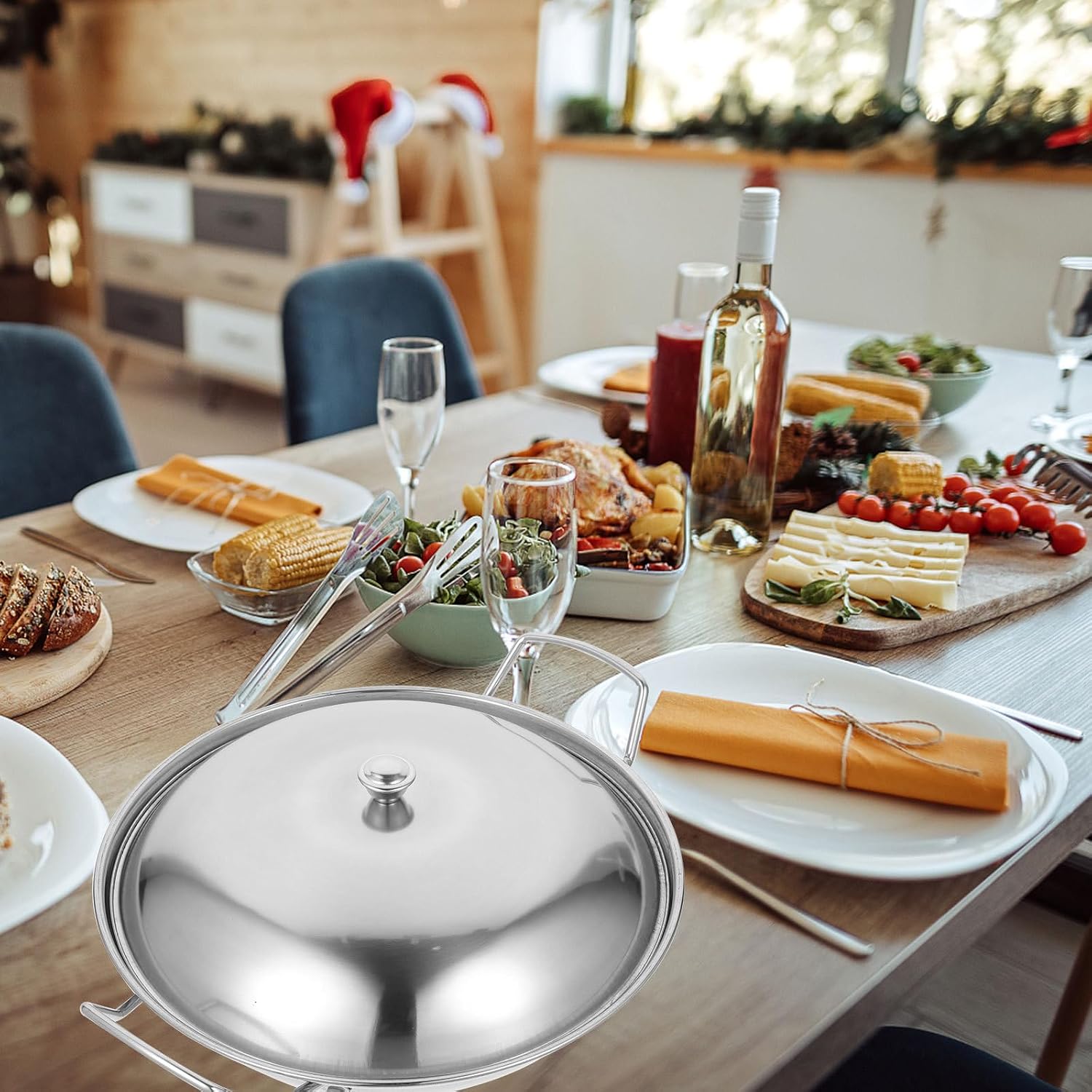 Stainless Steel Dry Pot with Lid, Double Handle round Chef Pan