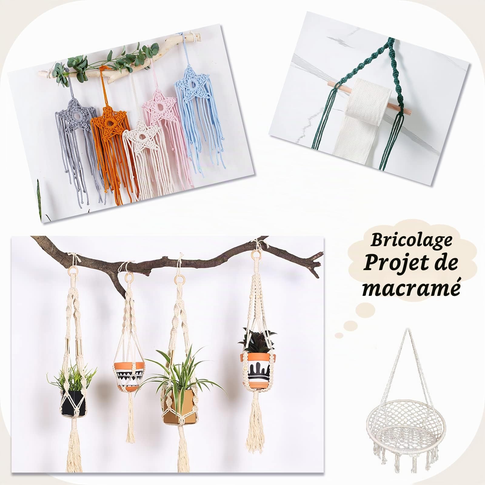 Corde Macramé 5mm x 100m, Fil Macramé Coton Naturel, Grosse Ficelle Cordelette 5mm Cordon pour Mural, Porte Plante, Bricolage, Décoration Boho (Naturel)