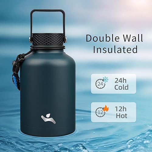 Miniatura 2 de Botella de agua aislada con popote, jarra de agua de 50 onzas con 3 tapas con bolsa de transporte, mango de paracaídas, botella de metal de acero