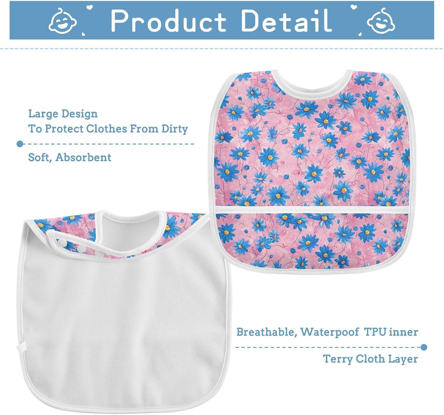 Oil Painting with Retro Blue Flowers Baby Drooling Bibs with Button Snap Adjustable 2 Pack Bibs and Burp Cloths Infant Must Haves