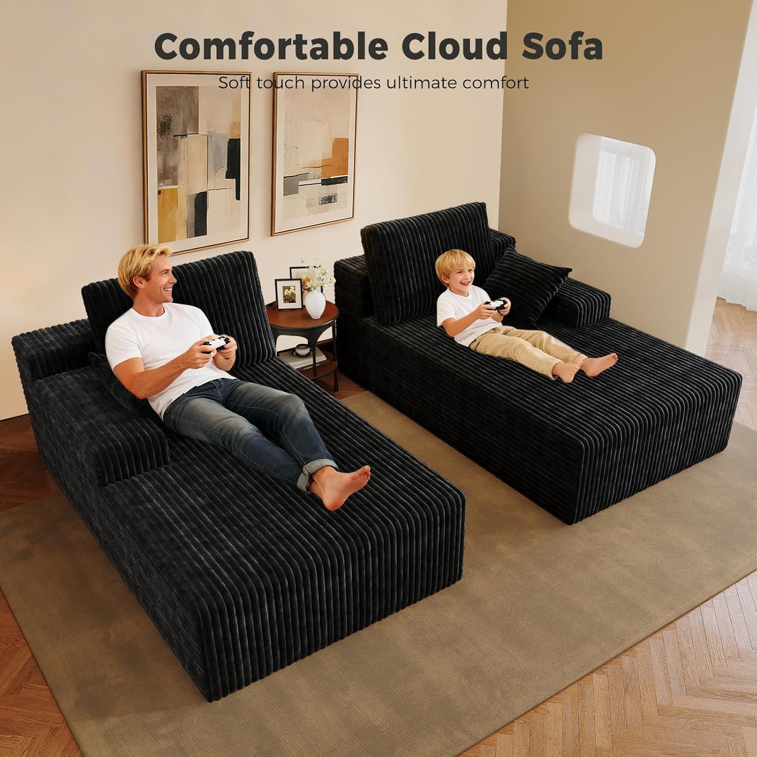 78.6” Convertible Sofa Bed, Boneless Chaise Lounge Chair, Plush Flannel Upholstered Sofa Couch Bed with Pillows & Wide Armrest, Lazy Chair for Living Room Bedroom Guest Room (Black)