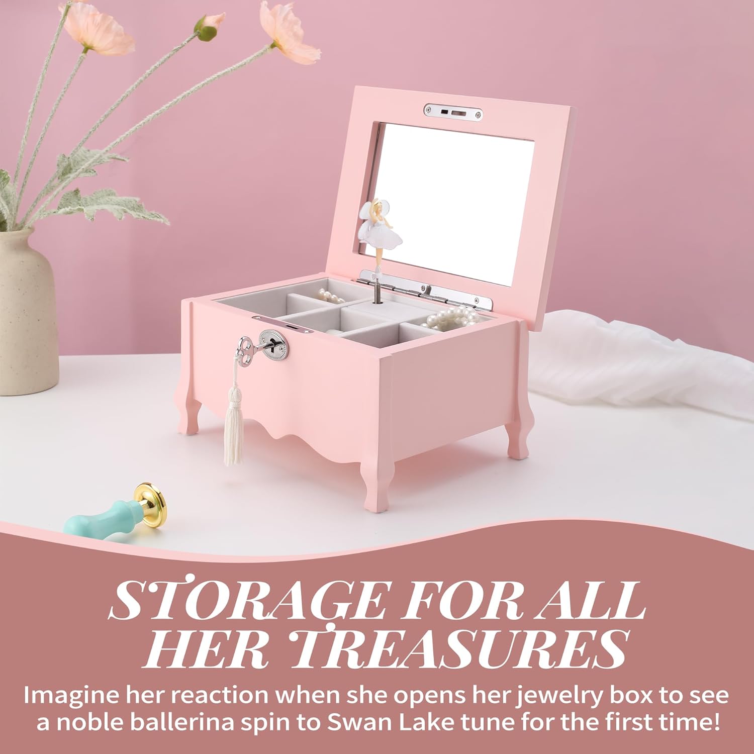 Large Footed Ballerina Musical Jewelry Box With Mirror and Lock For Girls-Pink Kid's Jewelry Storage Box,Children's Jewelry organizer Trinket Box for Holidays