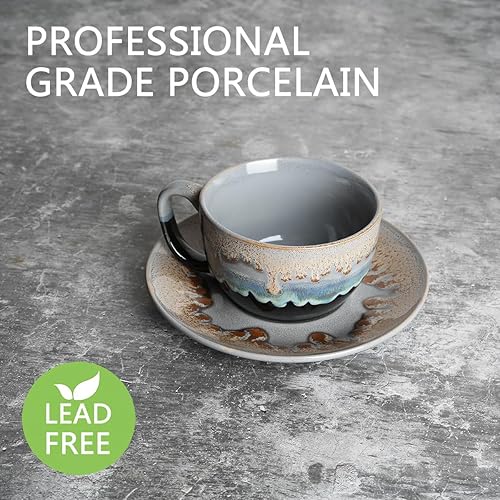 Miniatura 3 de Bosmarlin Juego de 2 tazas y platillo de cerámica para capuchino, 10 onzas, aptos para lavavajillas y microondas, tazas de café para café con leche,