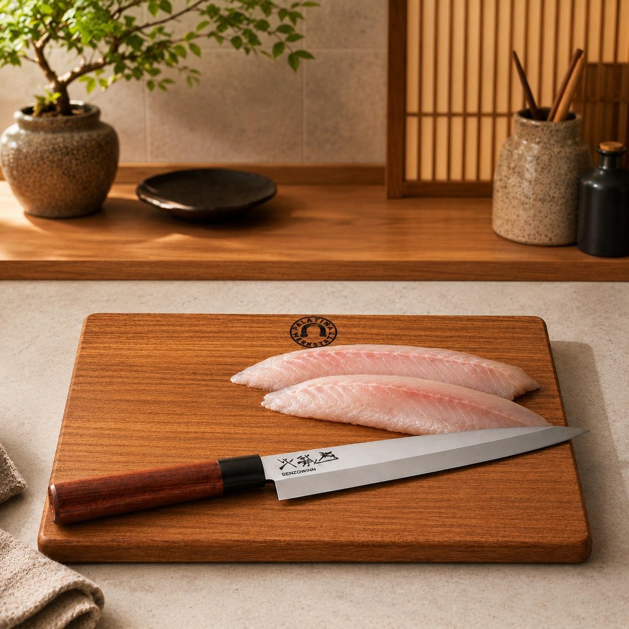 KAI Seki Magoroku Redwood Yanagiba - Coltello per sushi, 21 cm, esclusivo coltello professionale giapponese con lama in acciaio inox, con tagliere in legno di quercia massiccio, 30 x 20 cm, set