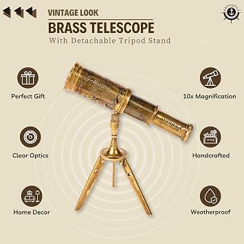 Vintage Brass Decor Telescope on Tripod, Antique Pirate Spyglass with Gift Box, Monocular Nautical Handheld Telescope Ideal for Home Decor, Gifting, Traveling, Bookshelf & Office Desk