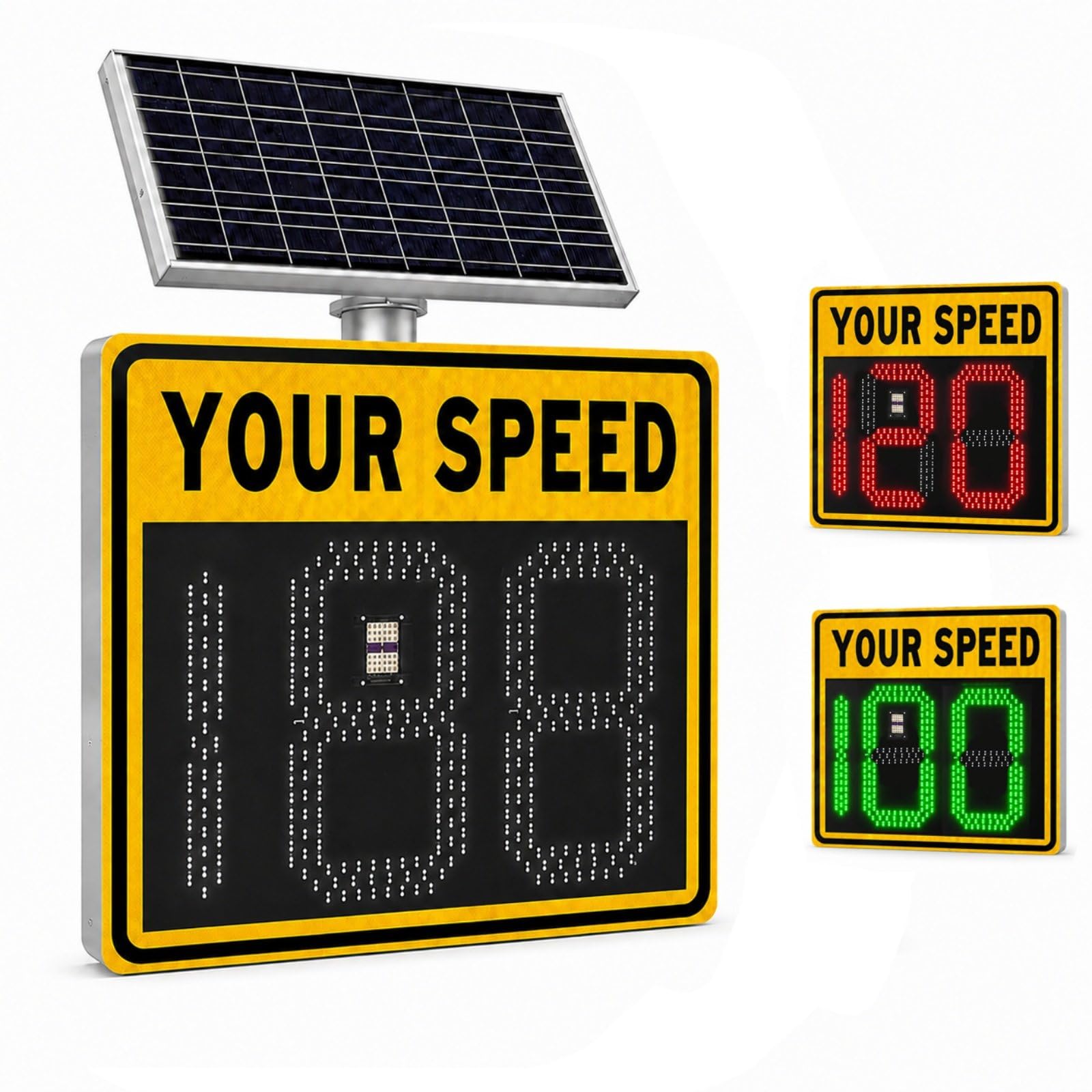 HCAUYNN 24"x24"(24"x27") Solar Radar Speed Sign, LED Roadside Speed Display with 2(3) Digit Speed Display, Weatherproof Aluminum Alloy for Highways & Village Roads yellow-3Digit