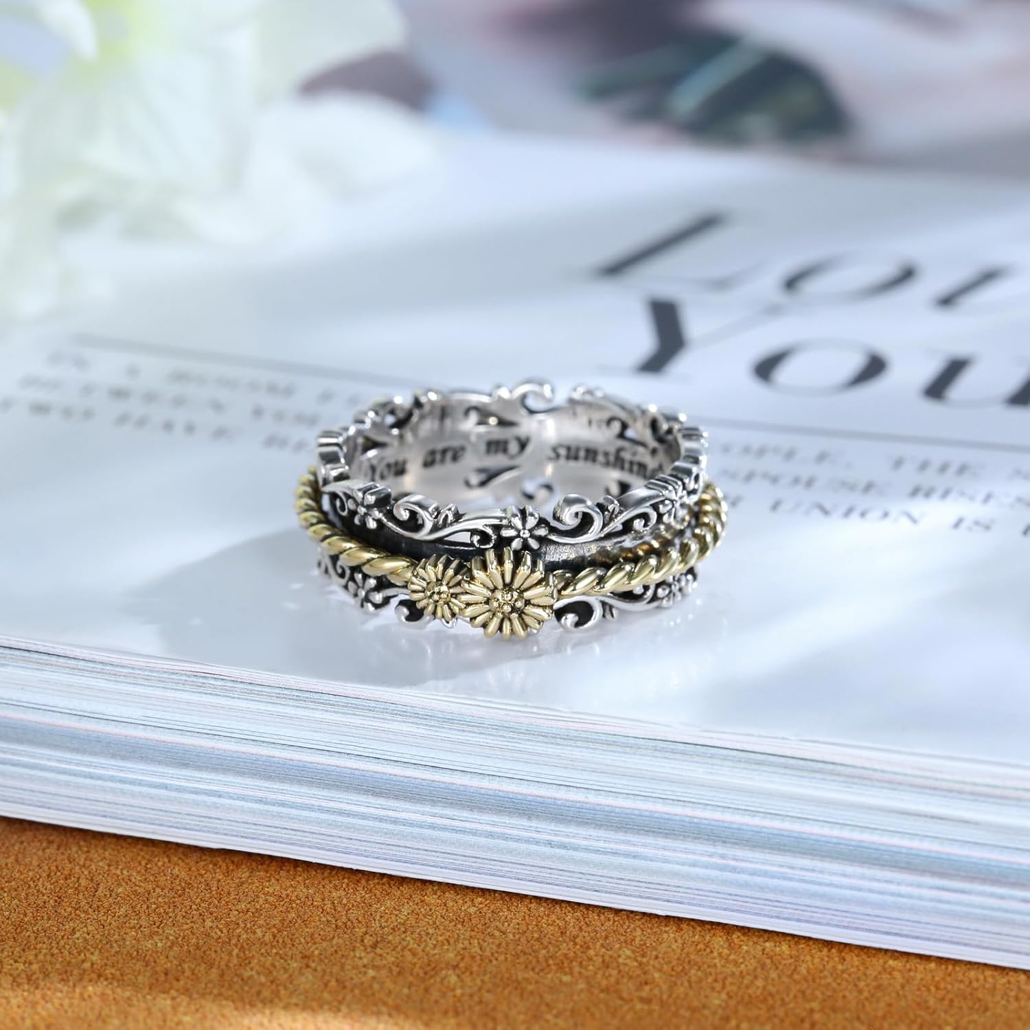 Sunflower Fidget Rings for Anxiety Stress 925 Sterling Silver Flower Spinning Ring Jewelry Gifts Women Daughter Mom - Image 4