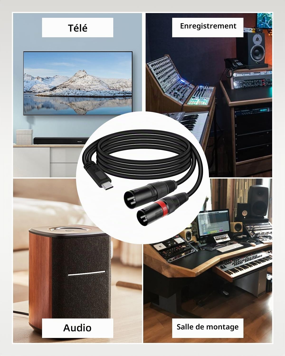 GELRHONR Câble audio mâle USB C vers Dual XLR, câble d'alimentation stéréo de type C à 2 XLR de 3,3 pieds pour amplificateur de puissance, haut-parleur, mélangeur audio et plus