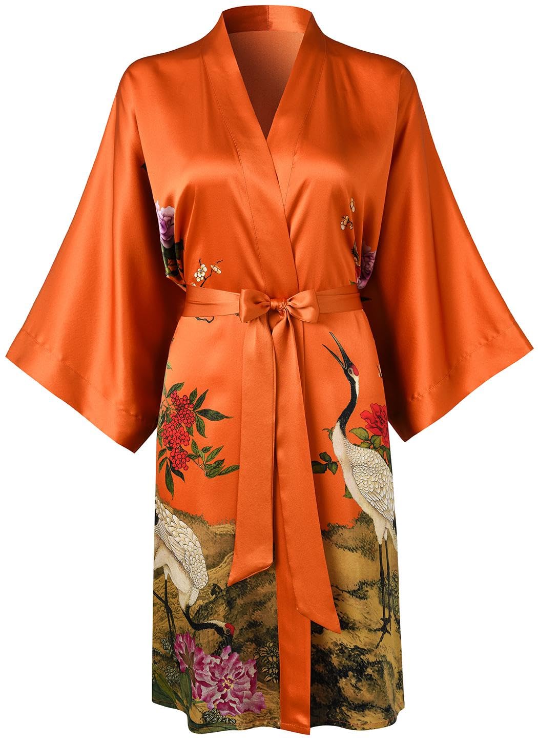 Womens Silk Kimono Robe Short Bathrobe Nightgown 100 Mulberry Silk for Women - Classic Floral Pattern
