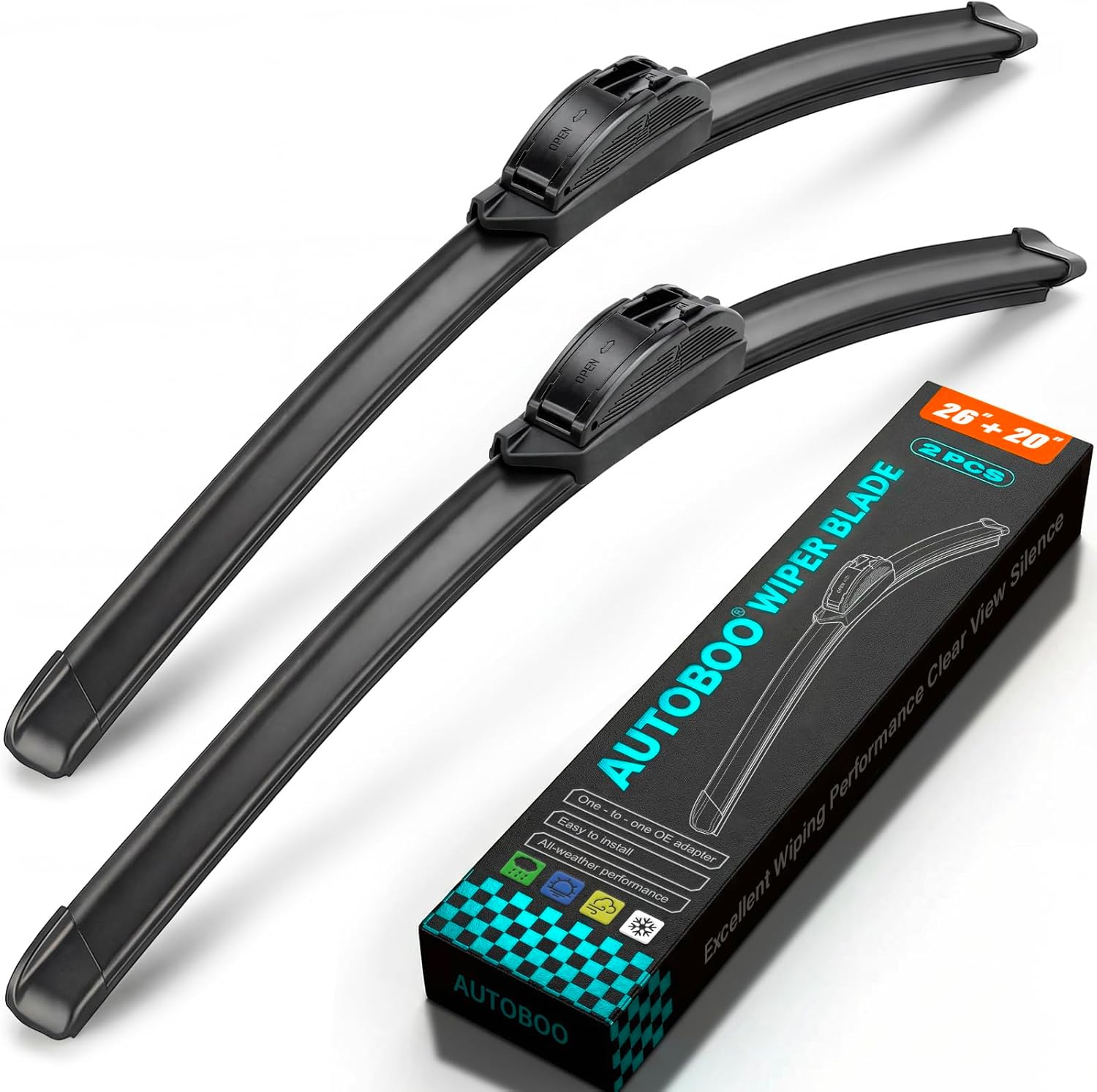 AUTOBOO PLUS 26" + 20" All-Season Windshield Wiper Blades (Pack of 2), Premium OEM-Quality, Rust-Resistant Rubber Encased Design, Streak-Free, Quiet, Smooth & Long-Lasting Performance