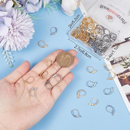 Miniatura 10 de Beebeecraft 1 caja de 100 piezas de aretes chapados en oro de 24 quilates redondos franceses, color gris y dorado, 0.571 x 0.492 in, para