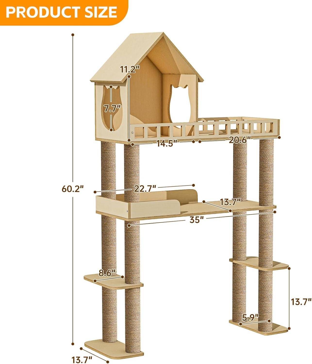 Wood Cat Tree for Automatic Litter Box, 60.2 Inch Tall Modern Cat Tree Tower with Litter Box Enclosure, Multi-Level Wooden Cats Tower Furniture with Scratching Posts, Condo House for Indoor Cats C3