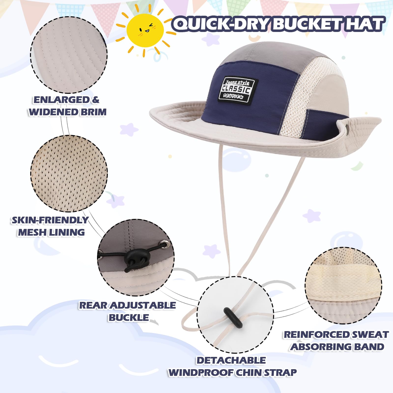 TAGVO Chapeau de Soleil Enfant, Protection UPF50, Séchage Rapide, Chapeau de Pêcheur Ajustable pour Enfants de 2 à 6 Ans
