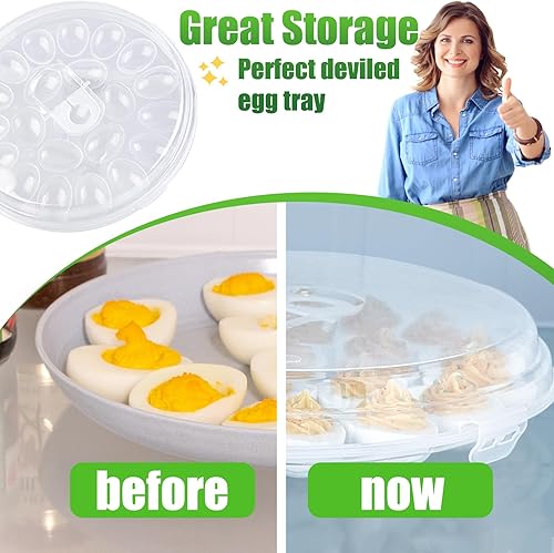 Miniatura 10 de HAKSEN Soporte redondo para huevos con tapa, bandeja para huevos de diablo, bandeja para huevos de 12 pulgadas, 22 ranuras para fiesta de Pascua,